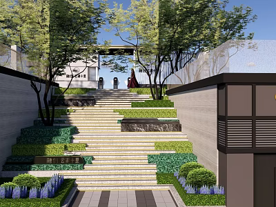 Residential Garden Landscape With Layered Greenery Stone Steps Purple Blooms And Trees 3d model