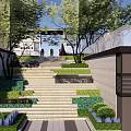 Residential Garden Landscape With Layered Greenery Stone Steps Purple Blooms And Trees