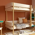 Wooden Kids Bunk Bed with Green Ladder Cozy Blanket Soft Mattress and Pillows