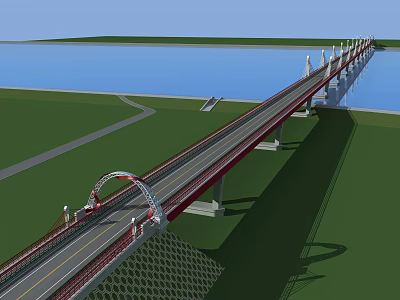 Scenic Modern Arch Bridge With Roadway Spanning Water And Green Surroundings 3d model