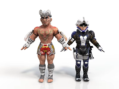 Tattooed Muscular Warrior And Armored Sci Fi Character With Silver Headgear 3d model