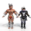 Tattooed Muscular Warrior And Armored Sci Fi Character With Silver Headgear