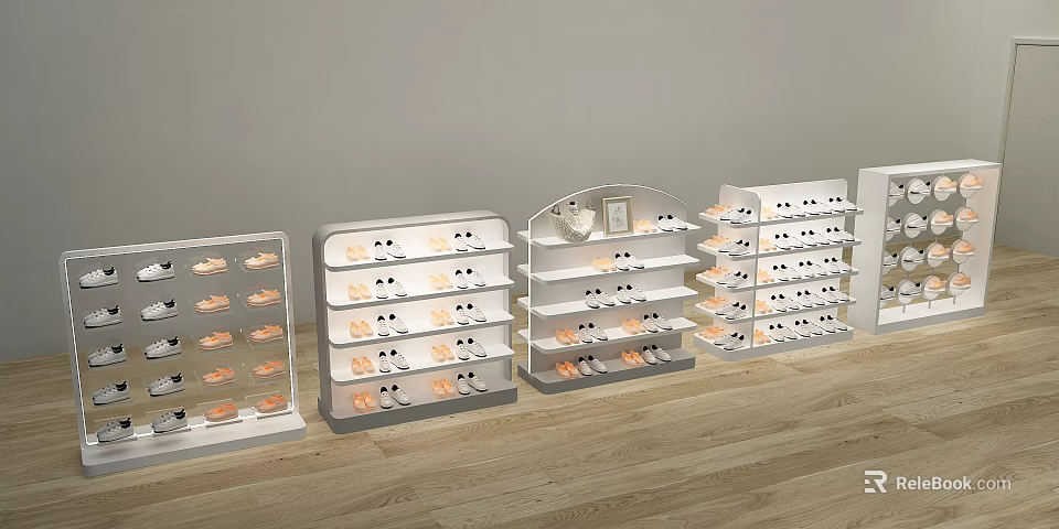 Shoe Store Interior With White Display Shelves And Various Shoes On 3d model 