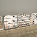 Shoe Store Interior With White Display Shelves And Various Shoes On