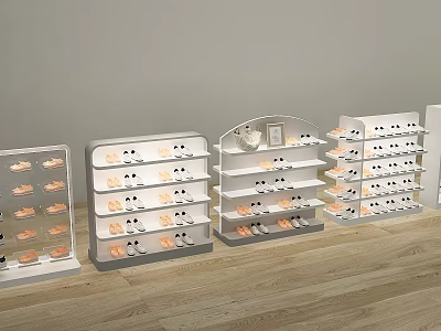 Shoe Store Interior With White Display Shelves And Various Shoes On 3d model