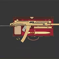 Golden Rifle With Brown Case And Red Interior Displayed On Black Background