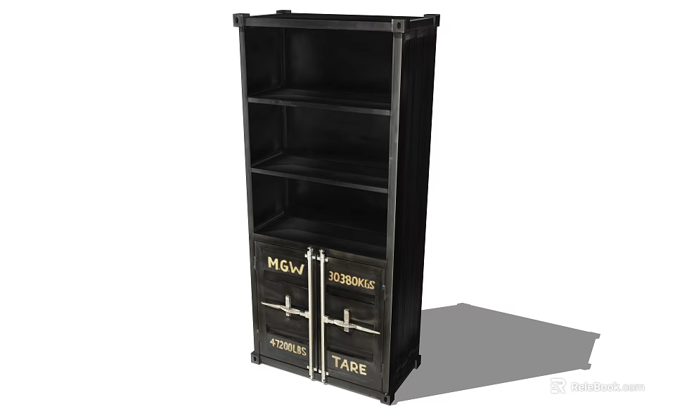 Black Bookshelf With Multiple Open Shelves And Locked Labeled Storage Cabinets 3d model 