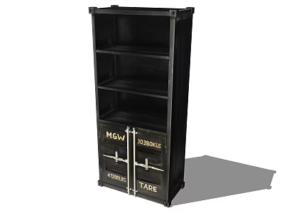 Black Bookshelf With Multiple Open Shelves And Locked Labeled Storage Cabinets 3d model