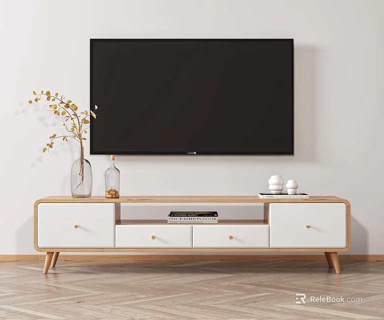 Modern Wooden White TV Stand With Vase Flower Branches And Decorations In Living Room 3d model 