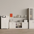 Office Workspace With White Storage Cabinet Water Dispenser Printer And Files On Shelf