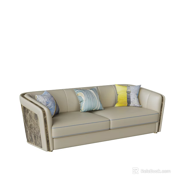 Light Beige Three Seater Sofa With Colorful Patterned Cushions And Textured Armrests 3d model