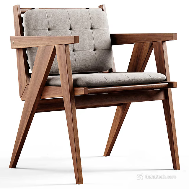 Modern Accent Chair with Wooden Frame Gray Tufted Cushion and Armrests 3d model 