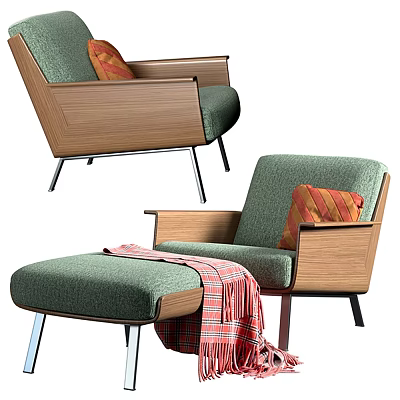 Green Upholstered Lounge Chair with Wooden Armrests Metal Legs and Ottoman Plaid Blanket Striped Cushion 3d model