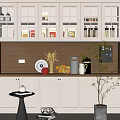 Modern Minimalist Sideboard with White Glass Fronted Cabinets Wooden Countertop Decorative Fruits and Coffee Machine