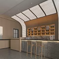 Modern Café Interior With Wooden Walls Curved Design Marble Counter And Bar Stools