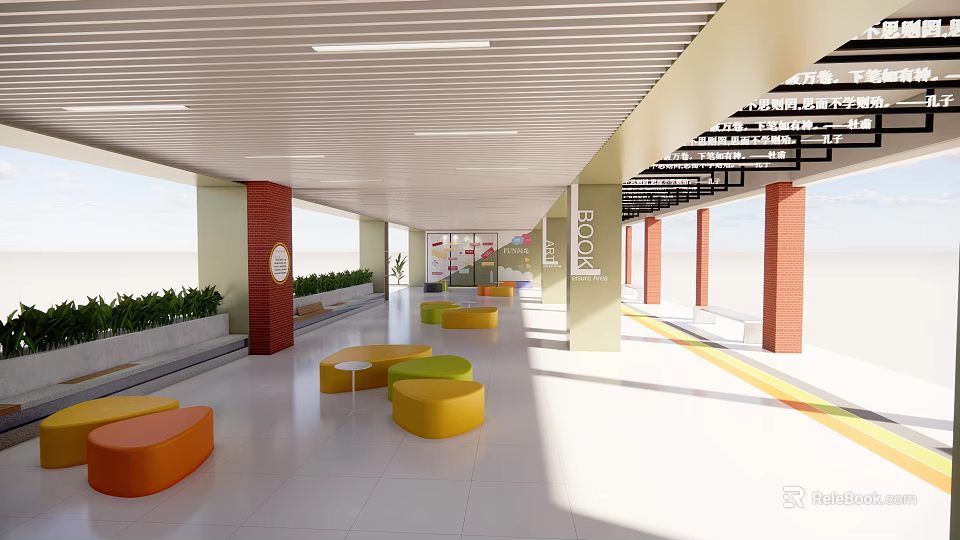Vibrant Kindergarten Corridor With Colorful Seats White Floor Red Pillars Green Plants And KIDS Sign 3d model 