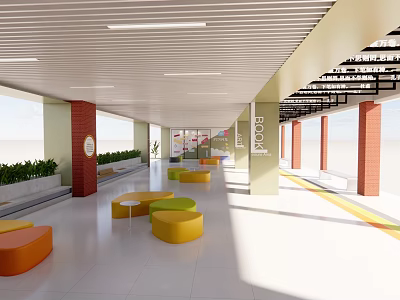 Vibrant Kindergarten Corridor With Colorful Seats White Floor Red Pillars Green Plants And KIDS Sign 3d model