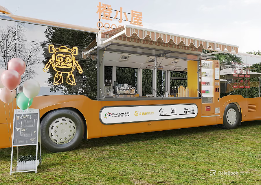 Orange Mobile Food Truck With Cartoon Character Design Outdoor Balloons And Chalkboard Sign 3d model 