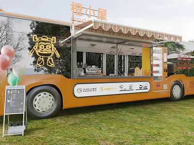 Orange Mobile Food Truck With Cartoon Character Design Outdoor Balloons And Chalkboard Sign 3d model