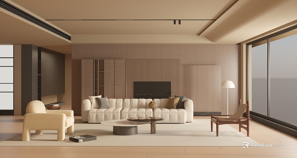 Modern Living Room Interior With Beige Sofa Wooden Accent Wall Coffee Table And Floor Lamp 3d model 