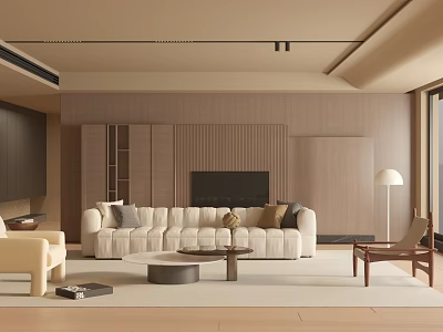 Modern Living Room Interior With Beige Sofa Wooden Accent Wall Coffee Table And Floor Lamp 3d model