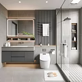 Modern Bathroom Interior With Large Mirror Vanity Gray Cabinets White Toilet And Glass Shower
