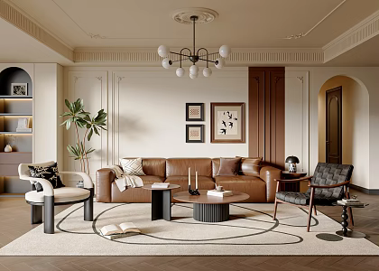 French Middle-style Living Room Sofa Coffee Table Combination Leisure Chair French Chandelier Potted Hanging Picture 3d model