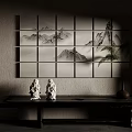 Traditional Chinese Interior With Mountain Landscape Screen White Figurines And Brown Vase On Dark Table