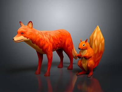 Game Movie Characters Orange Red Fox And Squirrel Standing On Gray Background With Reflective Surface 3d model