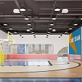 Bright Indoor Activity Space With Wooden Blue Flooring Yellow Fences And Colorful Number Circles
