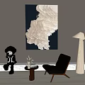 Modern Living Room Decor With Abstract Wall Art Leather Chair Floor Lamp And Vintage Camera