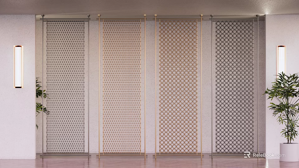 Modern Room Dividers With Golden Frames And Geometric Patterns For Interior Decor 3d model