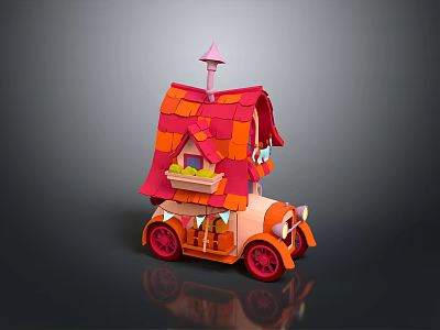 Cartoon Toy Car With Red Tiled Roof Orange Body Windows And Red Wheels 3d model