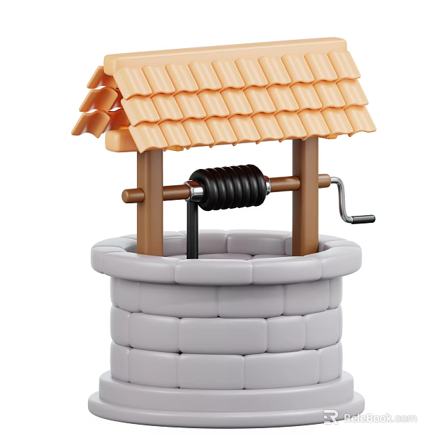 Small Well Toy Model With Stone Well Body Wooden Frame Tile Roof And Winch Mechanism 3d model 