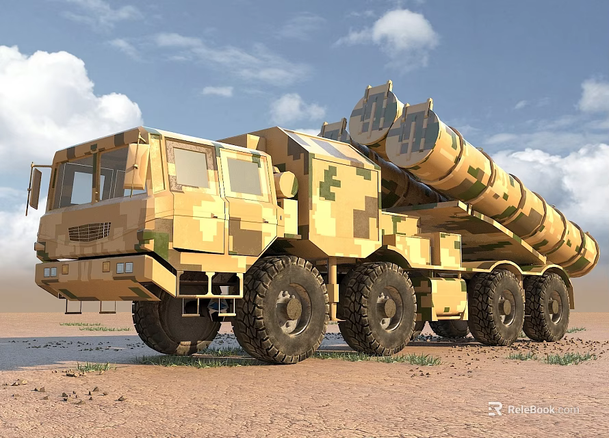 Camouflage Multi Wheeled Military Functional Vehicle With Missile Launchers On Desert Terrain 3d model 