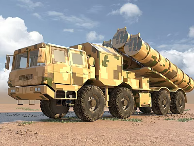 Camouflage Multi Wheeled Military Functional Vehicle With Missile Launchers On Desert Terrain 3d model