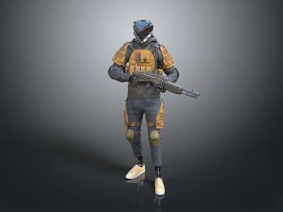 Game Movie Character Wearing Tactical Armored Suit And Helmet Holding Assault Rifle 3d model