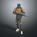 Game Movie Character Wearing Tactical Armored Suit And Helmet Holding Assault Rifle