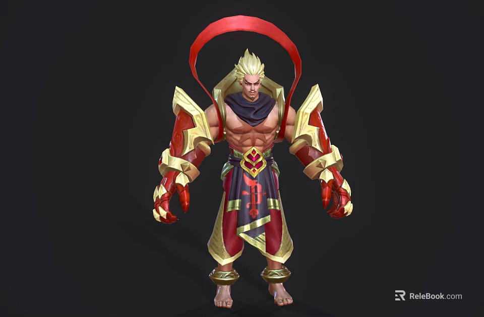 Mythical Warrior Character With Golden Hair Red Ribbon And Creature Claws In Armor 3d model 