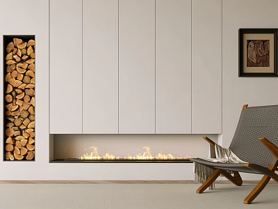 Modern Interior With White Decorative Cabinet Fireplace Flames And Firewood Storage Niche 3d model