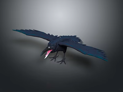 Realistic black crow flying animal displaying spread wings and red beak on dark background 3d model