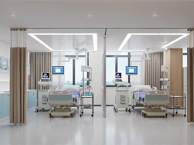Spacious Hospital Ward With Two Beds Medical Equipment Windows Curtains White Walls Blue Cabinets 3d model