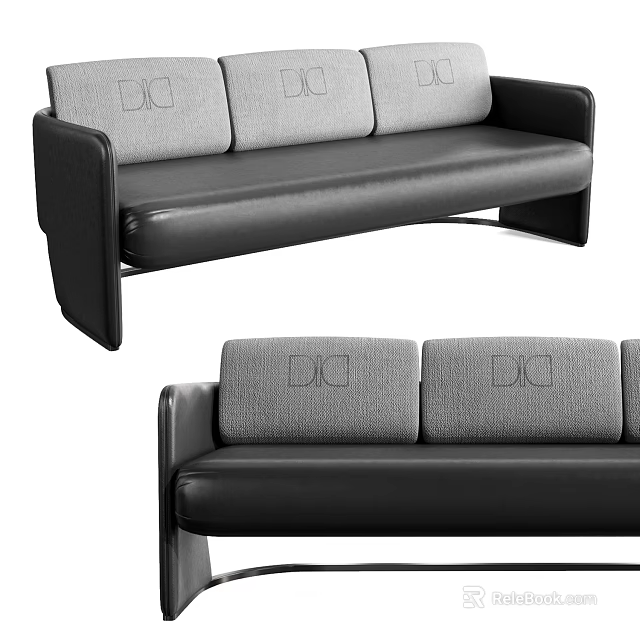 Modern Sectional Sofa With Black Leather Seats Gray Fabric Backrests And Geometric Patterns 3d model