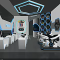 Tech Exhibition Hall Featuring White Counters Blue Lighting Hexagon Shelves And Robot Models 3d model