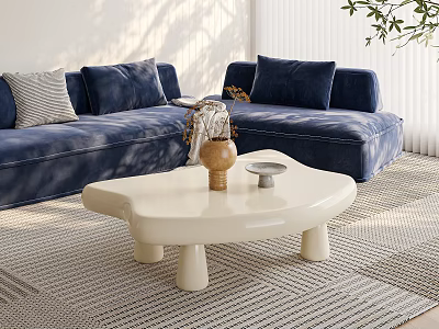 White Coffee Table In Modern Living Room With Blue Sofa Vase Tray And Neutral Rug 3d model