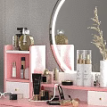 Pink Dressing Table Interior With Organized Cosmetics Skincare And Round Mirror