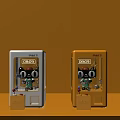 Two White And Yellow Mini Amusement Prize Machines With Cartoon Characters On Yellow Background