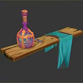 Yellow and Blue Decorative Bottle on Wooden Plank with Hanging Blue Cloth