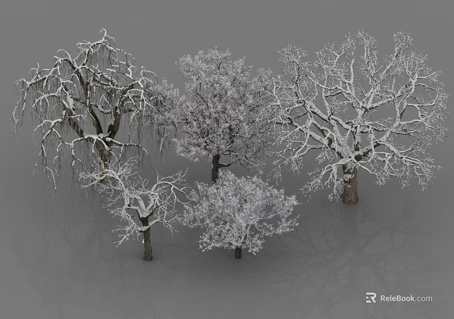 Snow Covered Arbor Trees With Various Branch Shapes In Winter Scene 3d model 