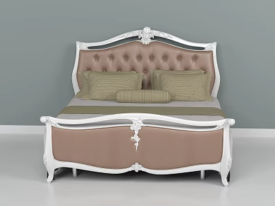 Classic European Double Bed With Tufted Upholstered Headboard And Carved White Frame 3d model